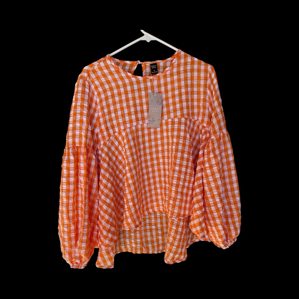 Gingham Peasant Blouse in Orange and White